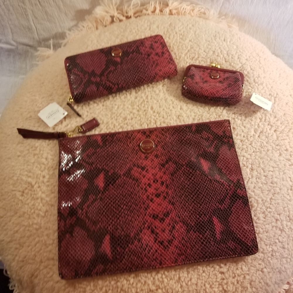 NWT Coach Raspberry Clutch, Kisslock & Wallet Set